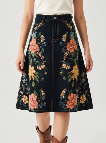 Dark Floral Trail RB-SKT03 – Front View – Riley – dark indigo denim