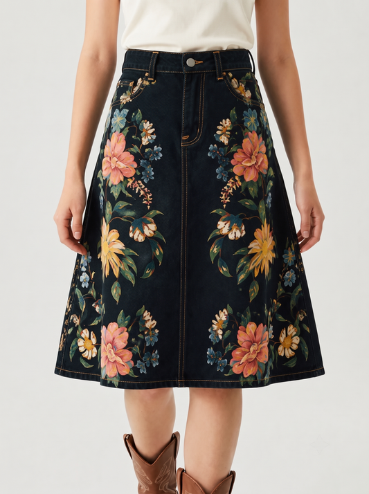 Dark Floral Trail RB-SKT03 – Front View – Riley – dark indigo denim