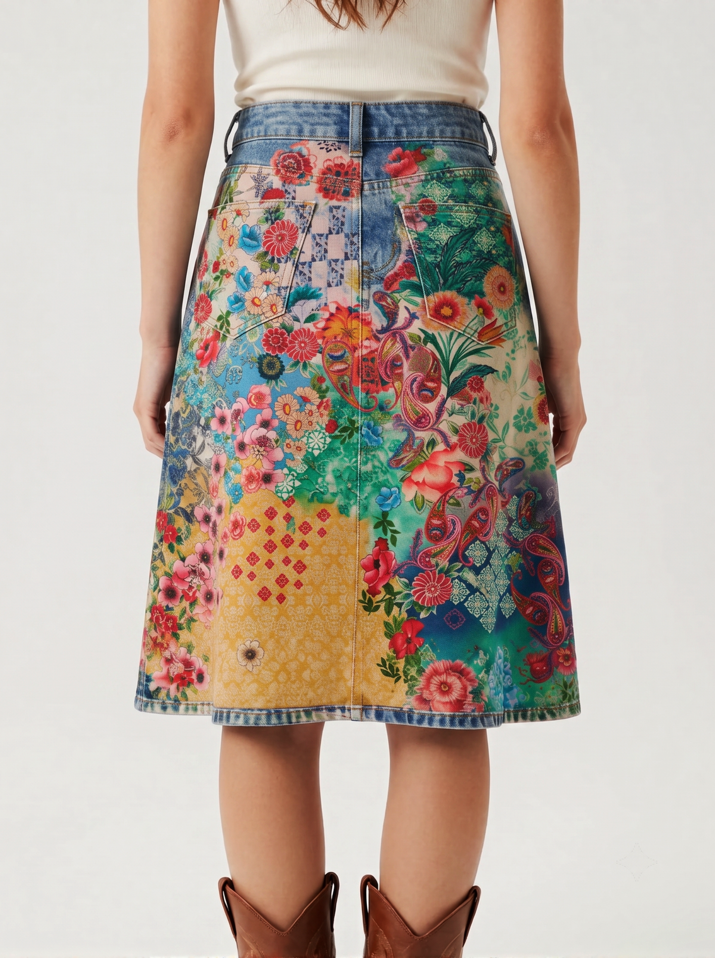 Medium Patchwork Trail RB-SKT03 – Back View – Riley – Medium wash denim