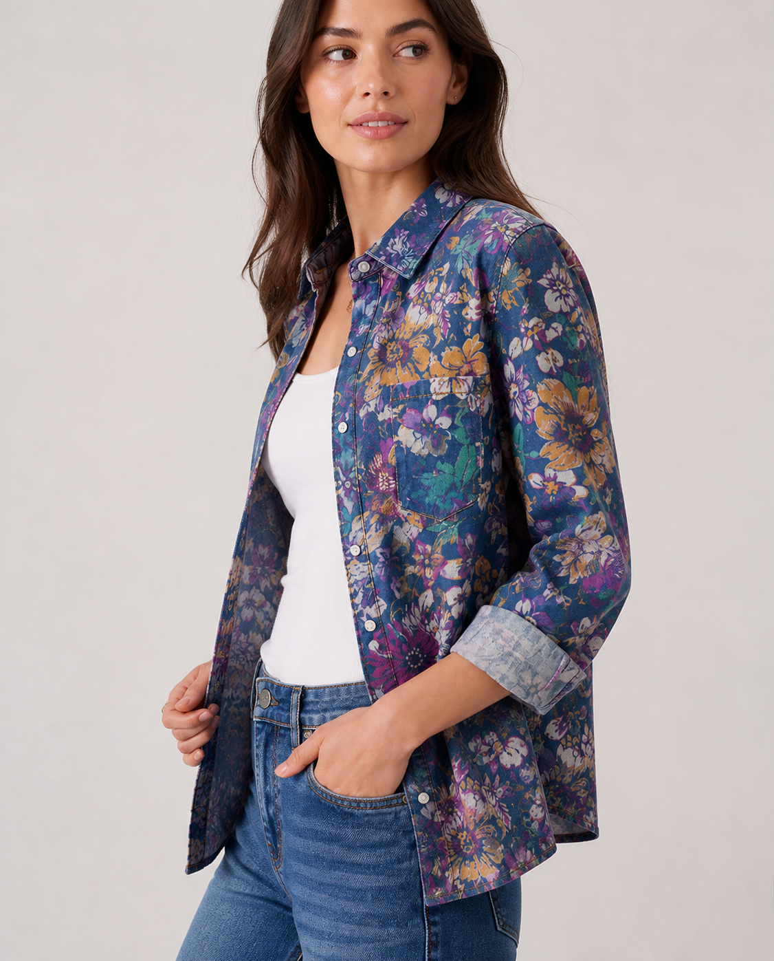 Prairie Bloom Indigo Long Sleeve Denim Shirt