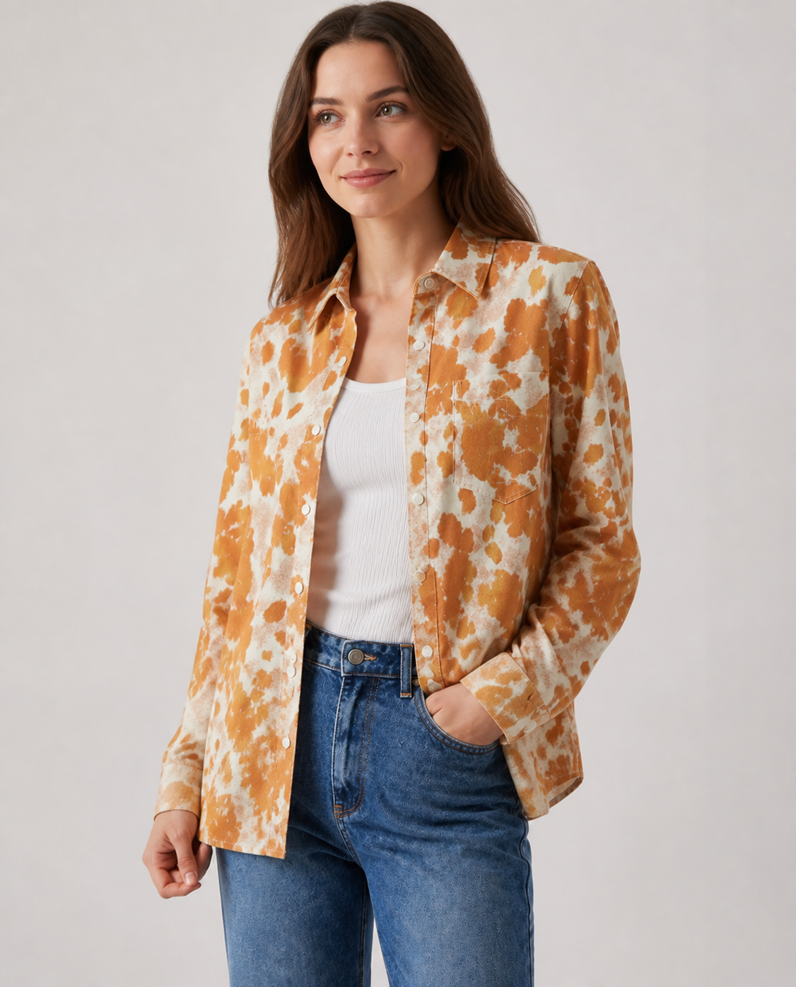 Sunset Prairie Orange Long Sleeve Denim Shirt