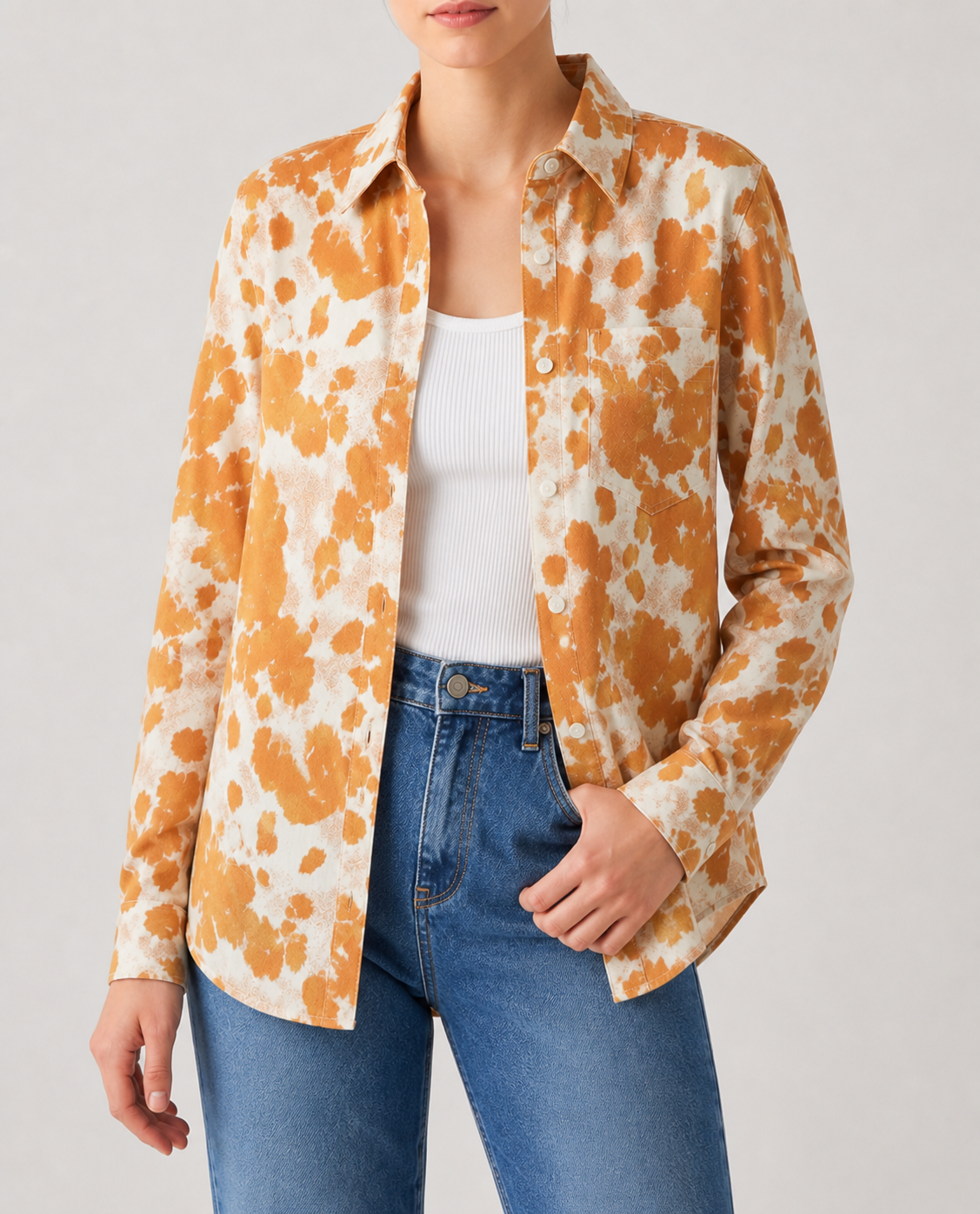 Sunset Prairie Orange Long Sleeve Denim Shirt