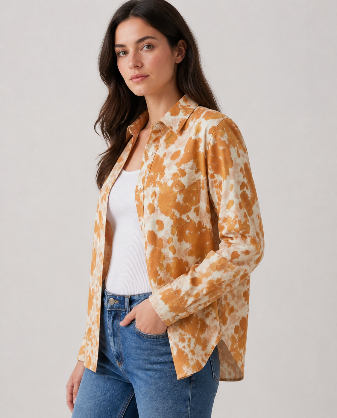 Sunset Prairie Orange Long Sleeve Denim Shirt