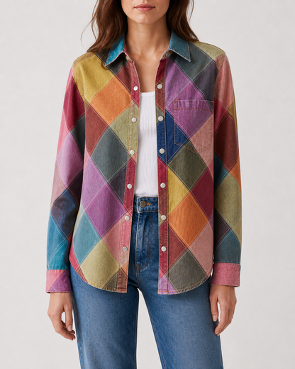 Prairie Patchwork Multicolor Geometric Long Sleeve Denim Shirt