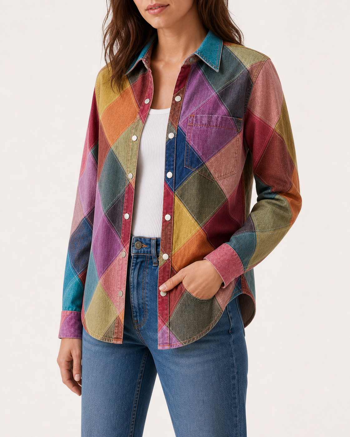 Prairie Patchwork Multicolor Geometric Long Sleeve Denim Shirt