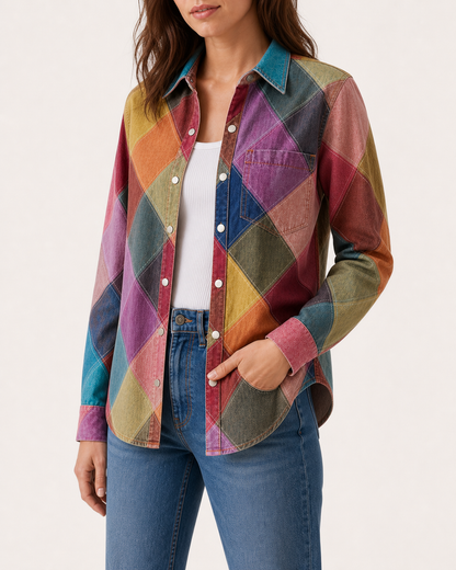 Prairie Patchwork Multicolor Geometric Long Sleeve Denim Shirt