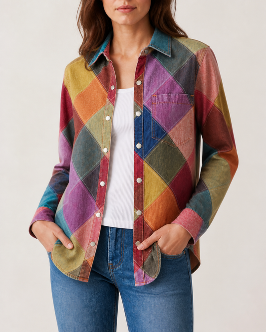 Prairie Patchwork Multicolor Geometric Long Sleeve Denim Shirt