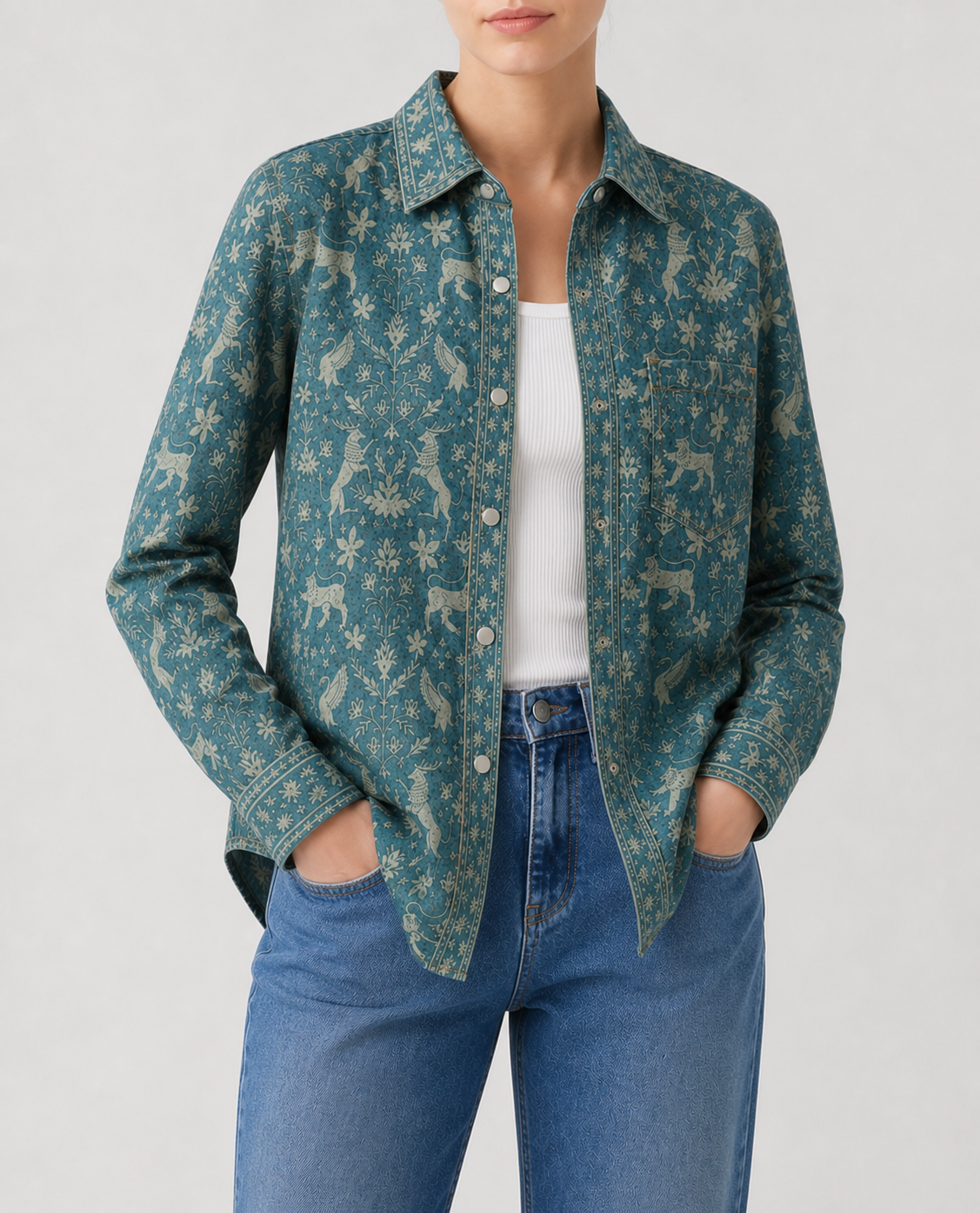 Prairie Mirage Teal Long Sleeve Denim Shirt