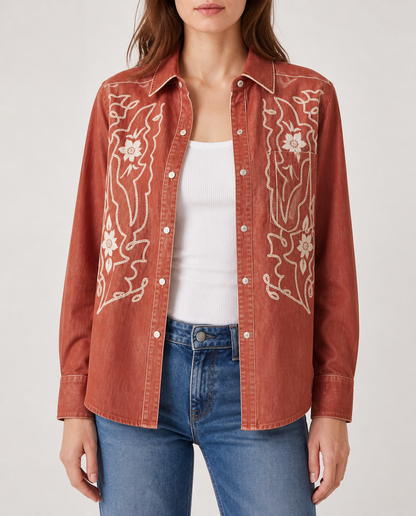 Desert Bloom Rust Long Sleeve Denim Shirt