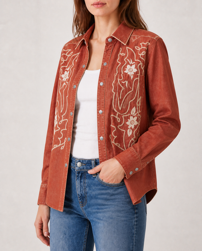 Desert Bloom Rust Long Sleeve Denim Shirt