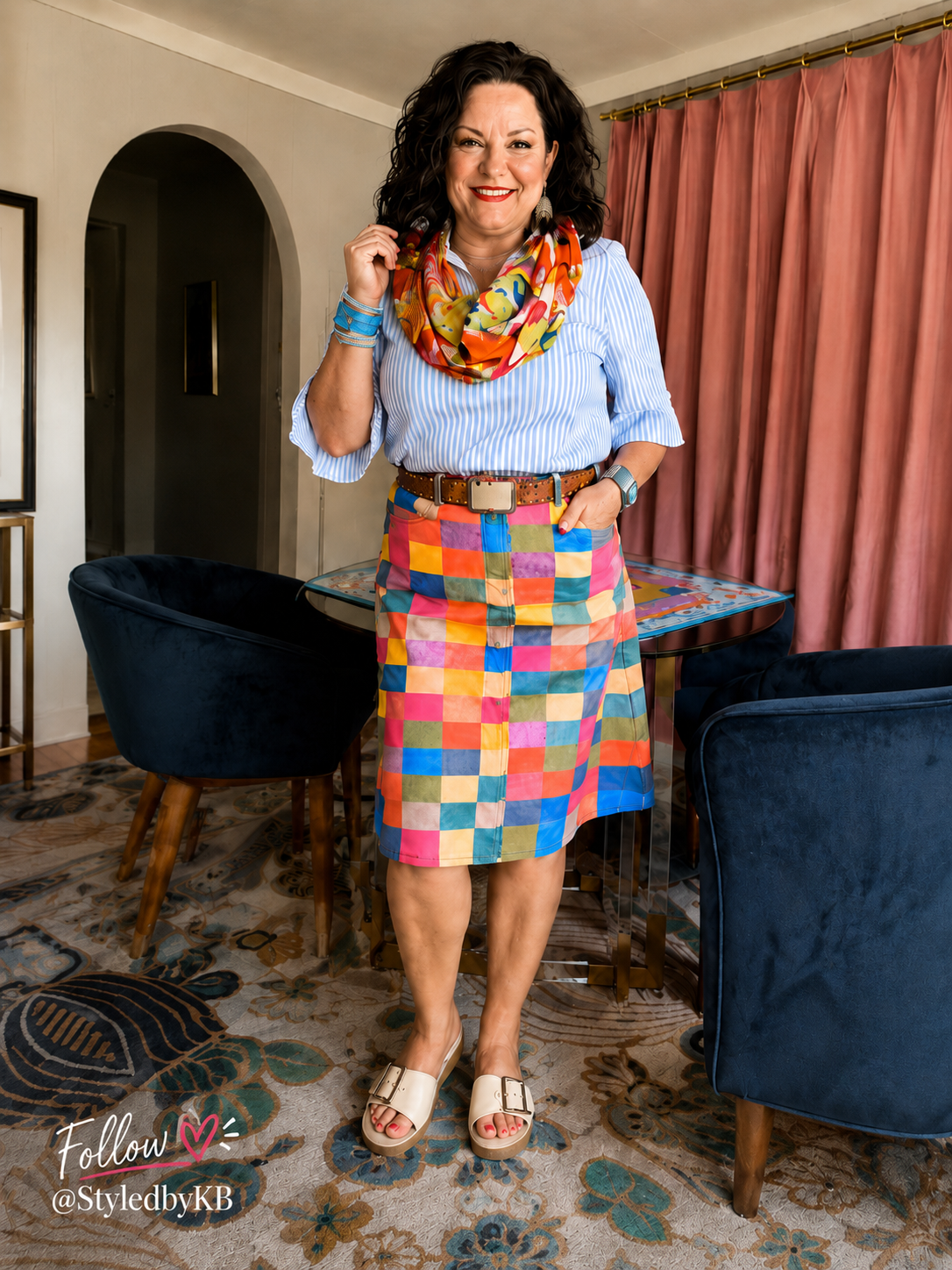 Denim Geometric Western Denim Knee-Length Skirt
