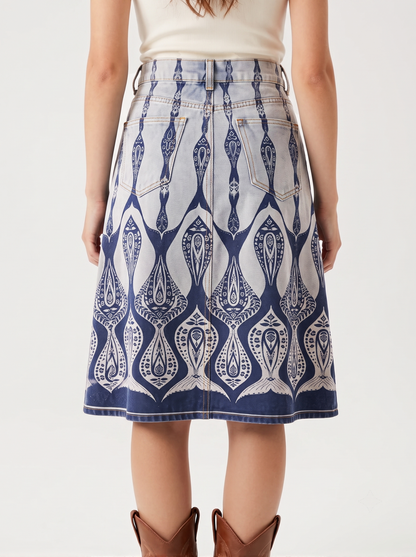 Light Geometric Trail RB-SKT03 – Back View – Riley – light wash denim with navy blue accents