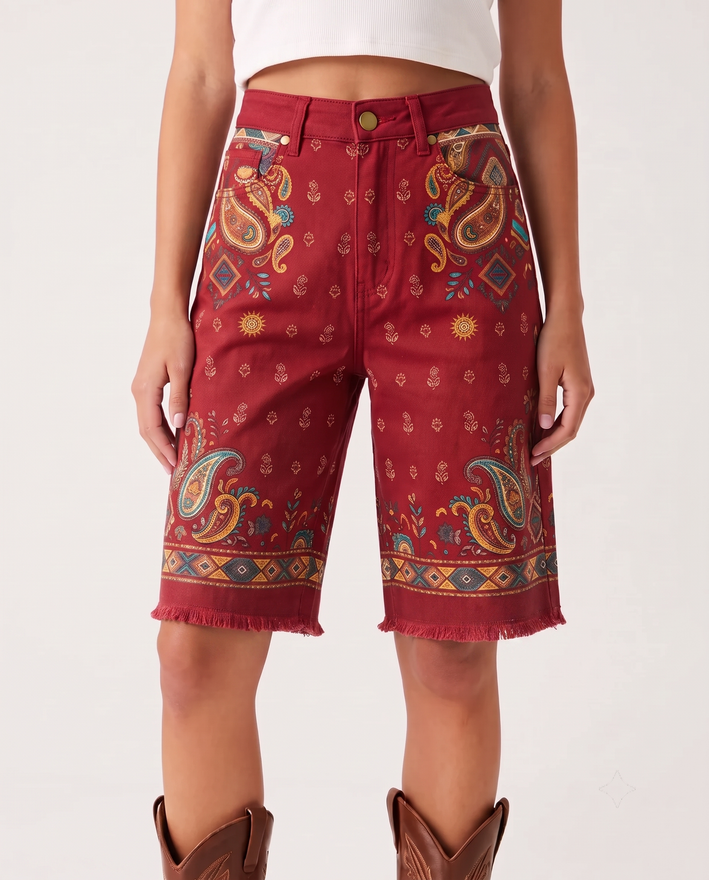 Desert Paisley Red Denim Bermuda Shorts