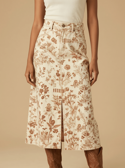 Ranch Fence Floral Western Denim Midi Skirt