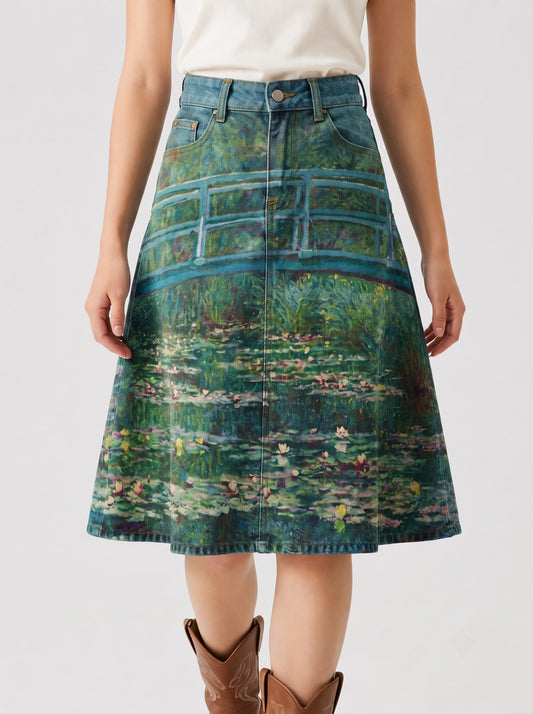 Lariat Lilies RB-SKT03 – Front View – Riley – Medium wash denim with green and blue undertones