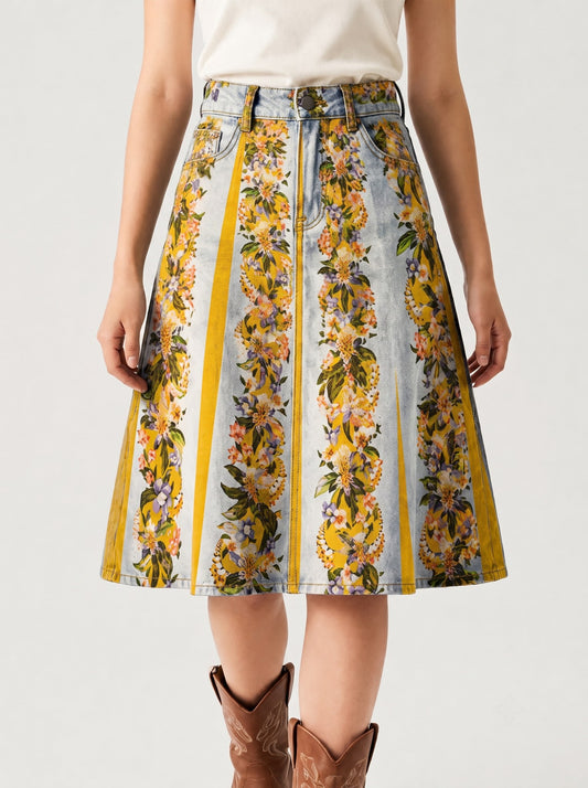 Light Vertical Trail RB-SKT03 – Front View – Riley – light wash denim with vibrant yellow accents