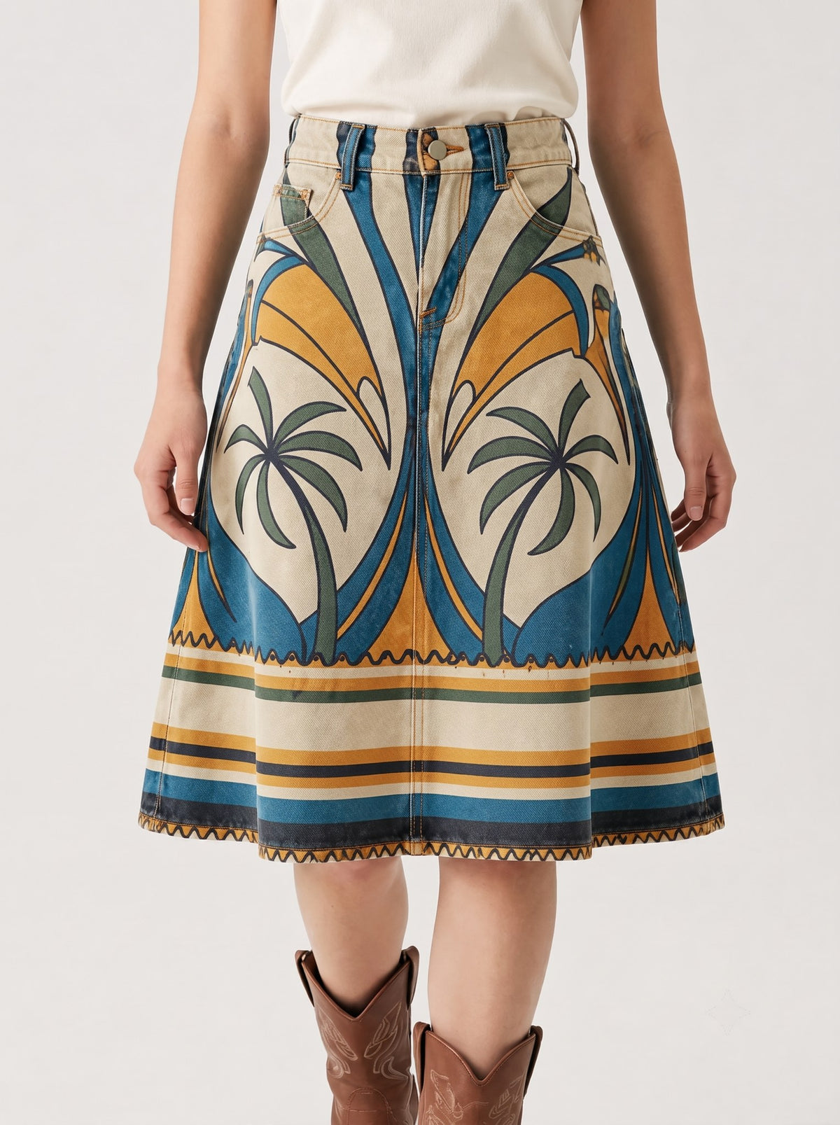 Mesa Lariat Cream RB-SKT03 – Front View – Riley – cream with blue, mustard yellow, and green accents