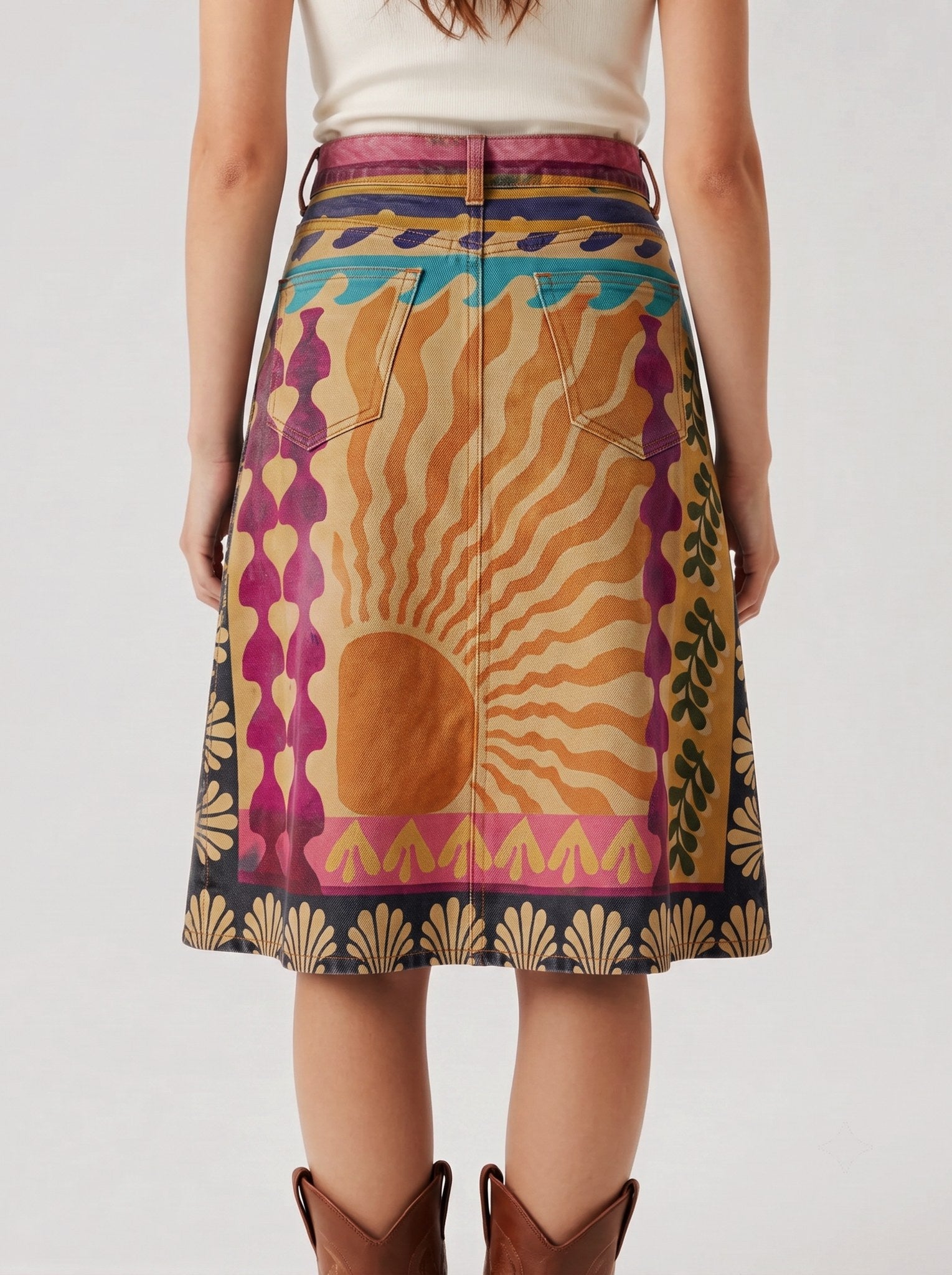 Mesa Spur RB-SKT03 – Back View – Riley – Multicolor with dominant earthy tones including mustard yellow, terracotta, magenta, teal, and black