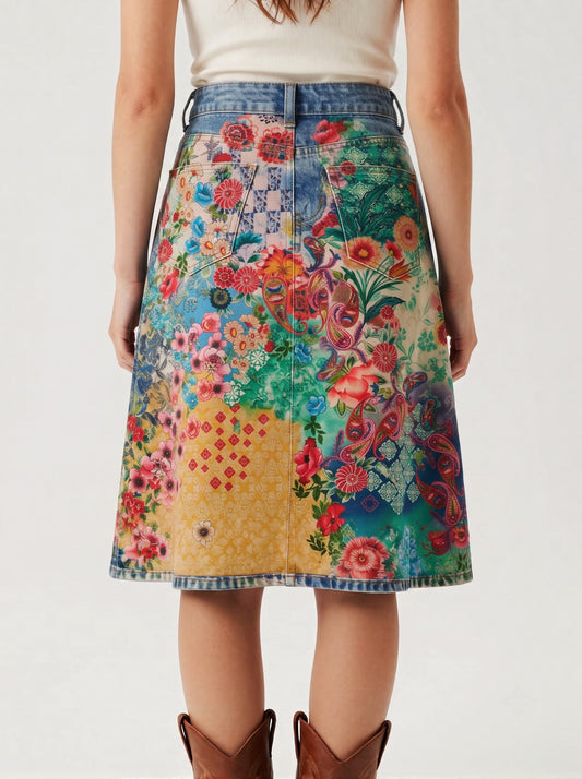 Medium Patchwork Trail RB-SKT03 – Back View – Riley – Medium wash denim