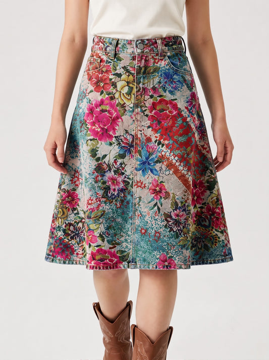 Lariat Thistle Multi-colored RB-SKT03 – Front View – Riley – Multi-colored floral on denim base