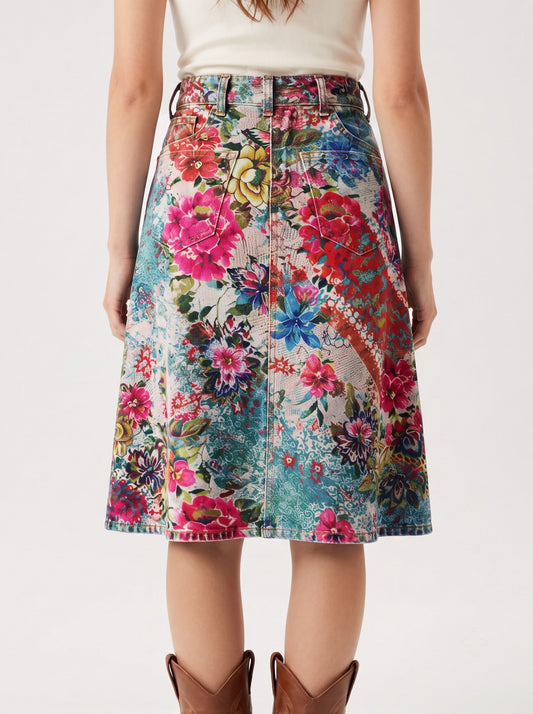 Lariat Thistle Multi-colored RB-SKT03 – Back View – Riley – Multi-colored floral on denim base