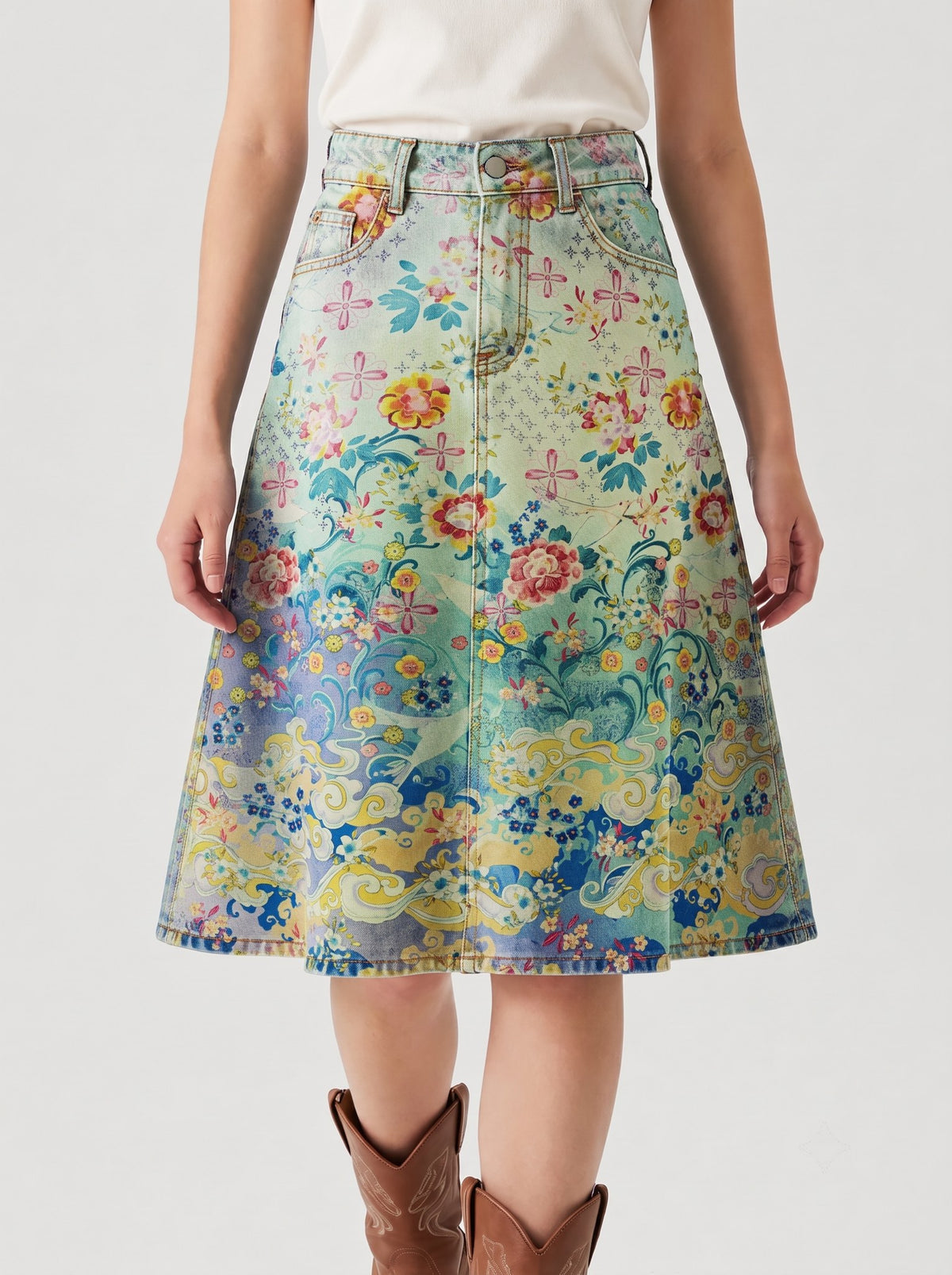 Light Floral Trail RB-SKT03 – Front View – Riley – light denim wash with pastel blue and mint undertones