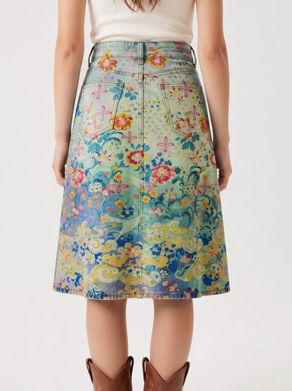 Light Floral Trail RB-SKT03 – Back View – Riley – light denim wash with pastel blue and mint undertones