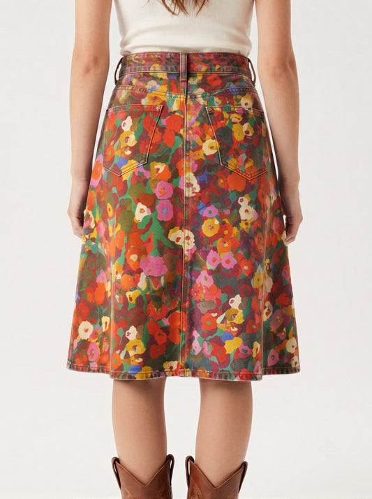 Multicolored Abstract Trail RB-SKT03 – Back View – Riley – Multicolored with deep red, green, and earthy base tones