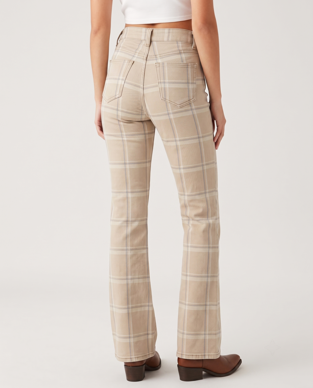 Plaid Ridge Beige Bootcut Jeans – Back View – Riley – Beige