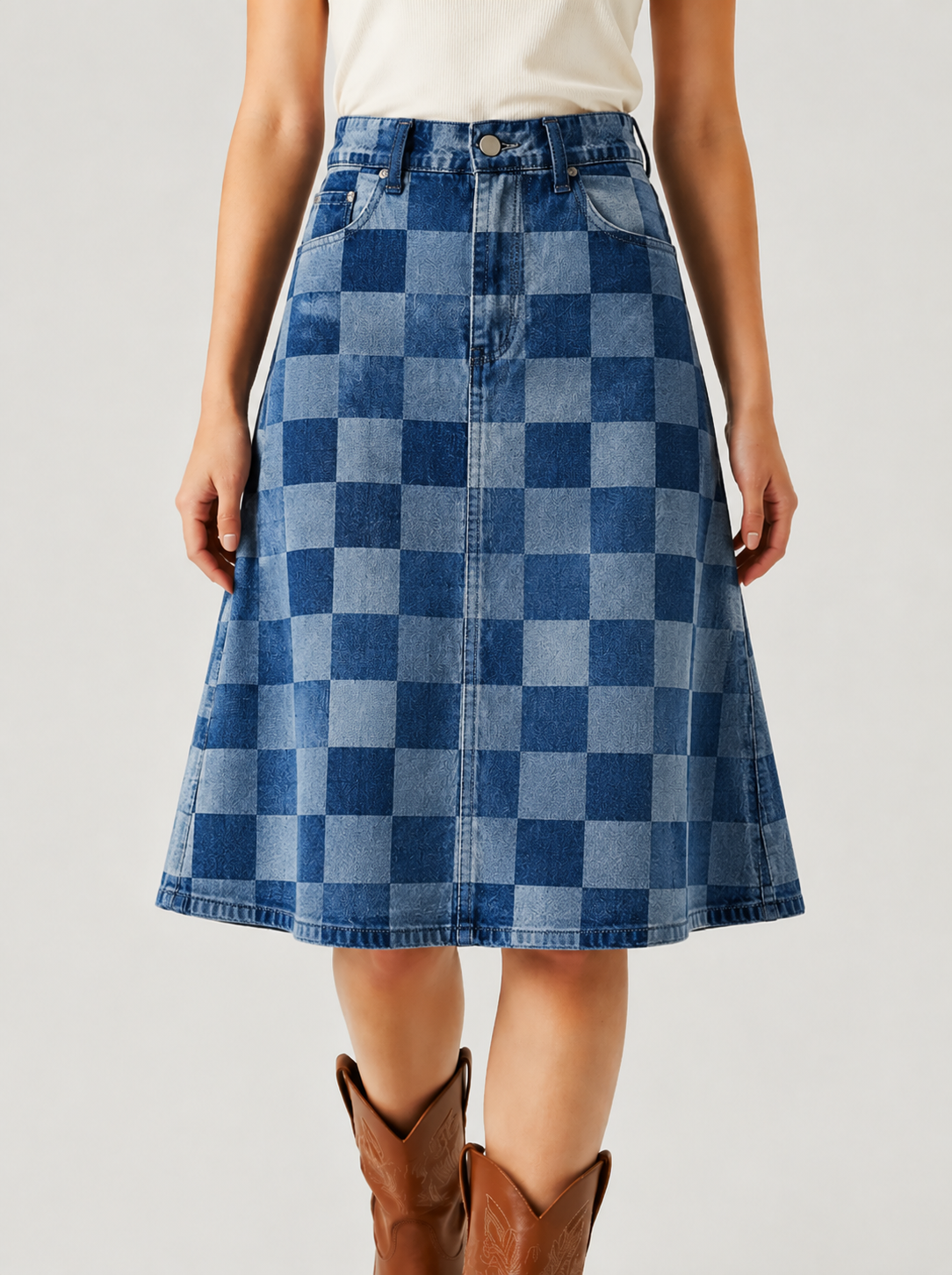 Denim Geometric Western Denim Knee-Length Skirt