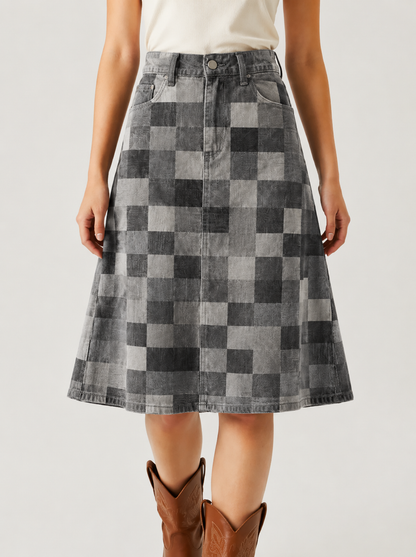 Denim Geometric Western Denim Knee-Length Skirt