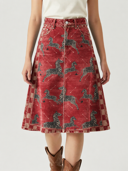 Zebras Western Denim Knee-Length Skirt