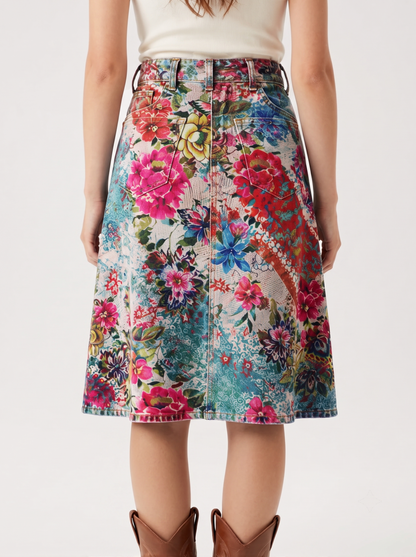 Lariat Thistle Multi-colored RB-SKT03 – Back View – Riley – Multi-colored floral on denim base
