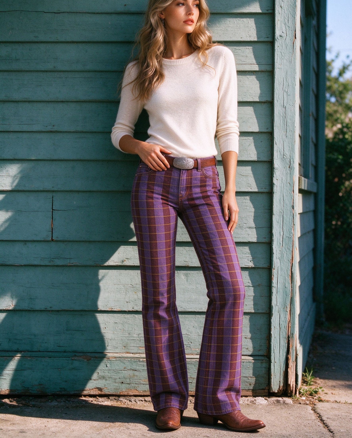 Prairie Plaid Low-Rise Bootcut Jeans