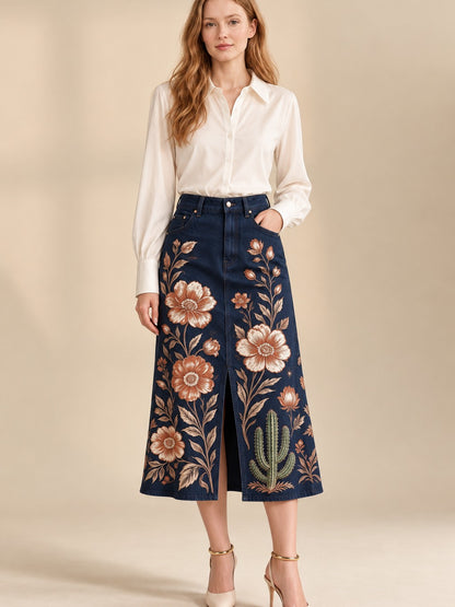 Desert Bloom Navy Blue Western Denim Midi Skirt – Back View – Riley – Navy Blue