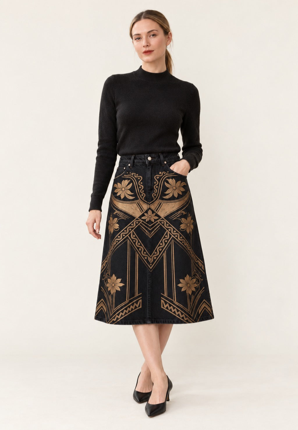 Desert Tribal Ankle-Length Denim Skirt