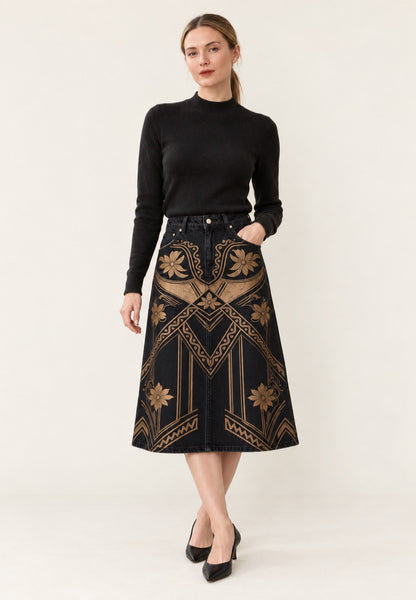 Desert Tribal Ankle-Length Denim Skirt