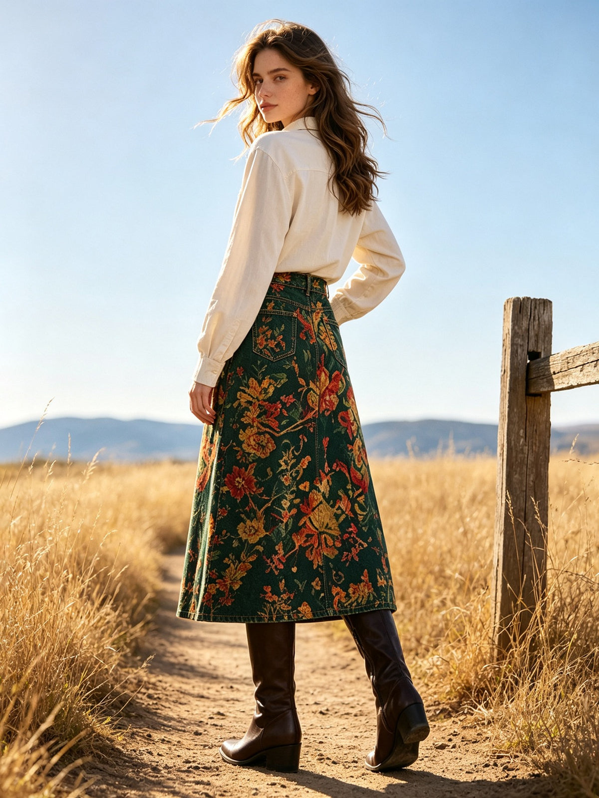 Prairie Tapestry Ankle-Length Denim Skirt