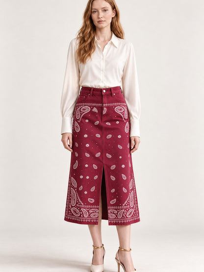 Crimson Bandana Western Denim Midi Skirt – Back View – Riley – Deep Red