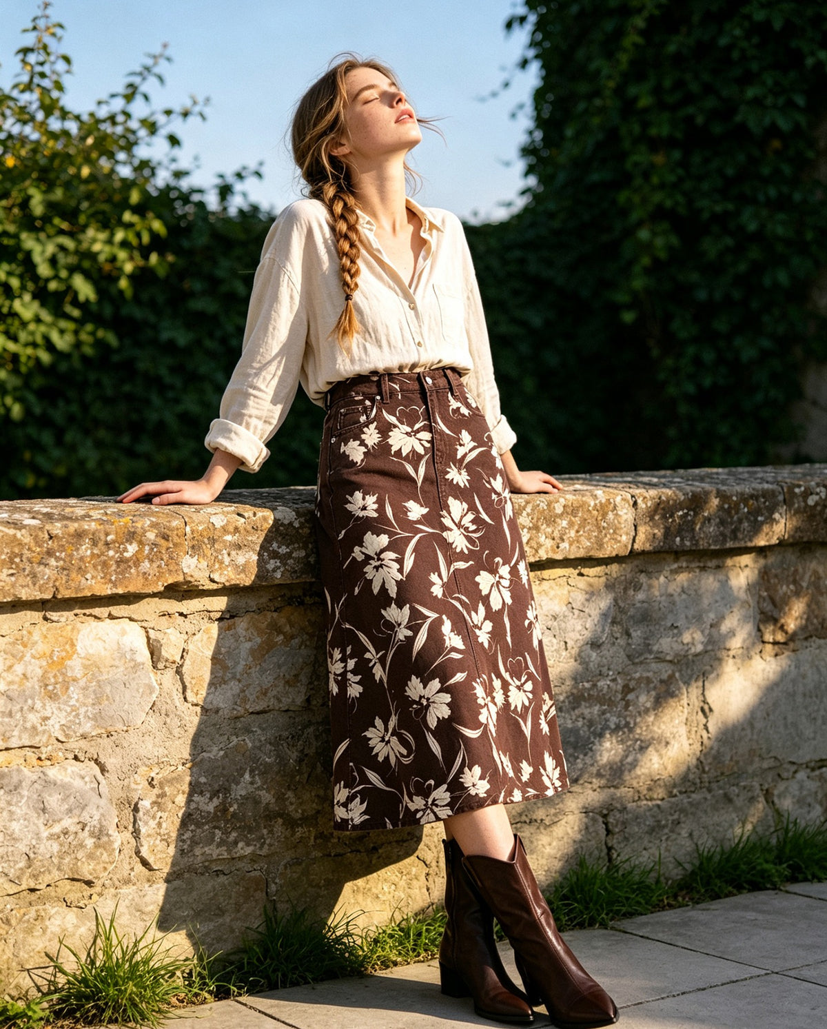 Rodeo Wildflower Bloom Ankle-Length Denim Skirt