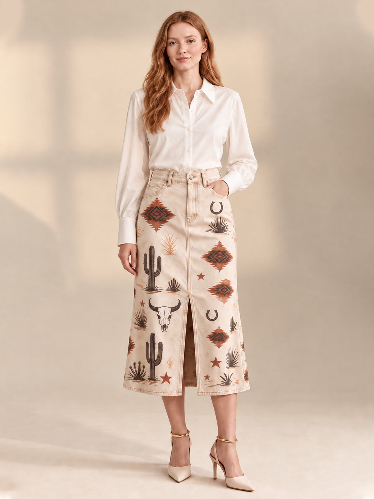 Desert Mirage 974 Western Denim Midi Skirt – Back View – Riley – Beige