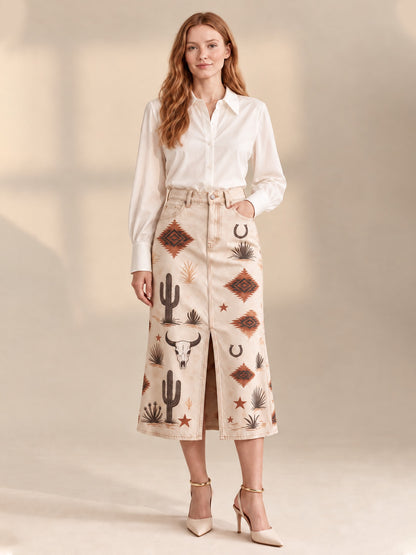 Desert Mirage 974 Western Denim Midi Skirt – Back View – Riley – Beige