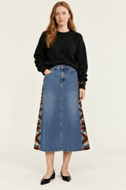 Cowboy Bandana Patchwork Ankle-Length Denim Skirt