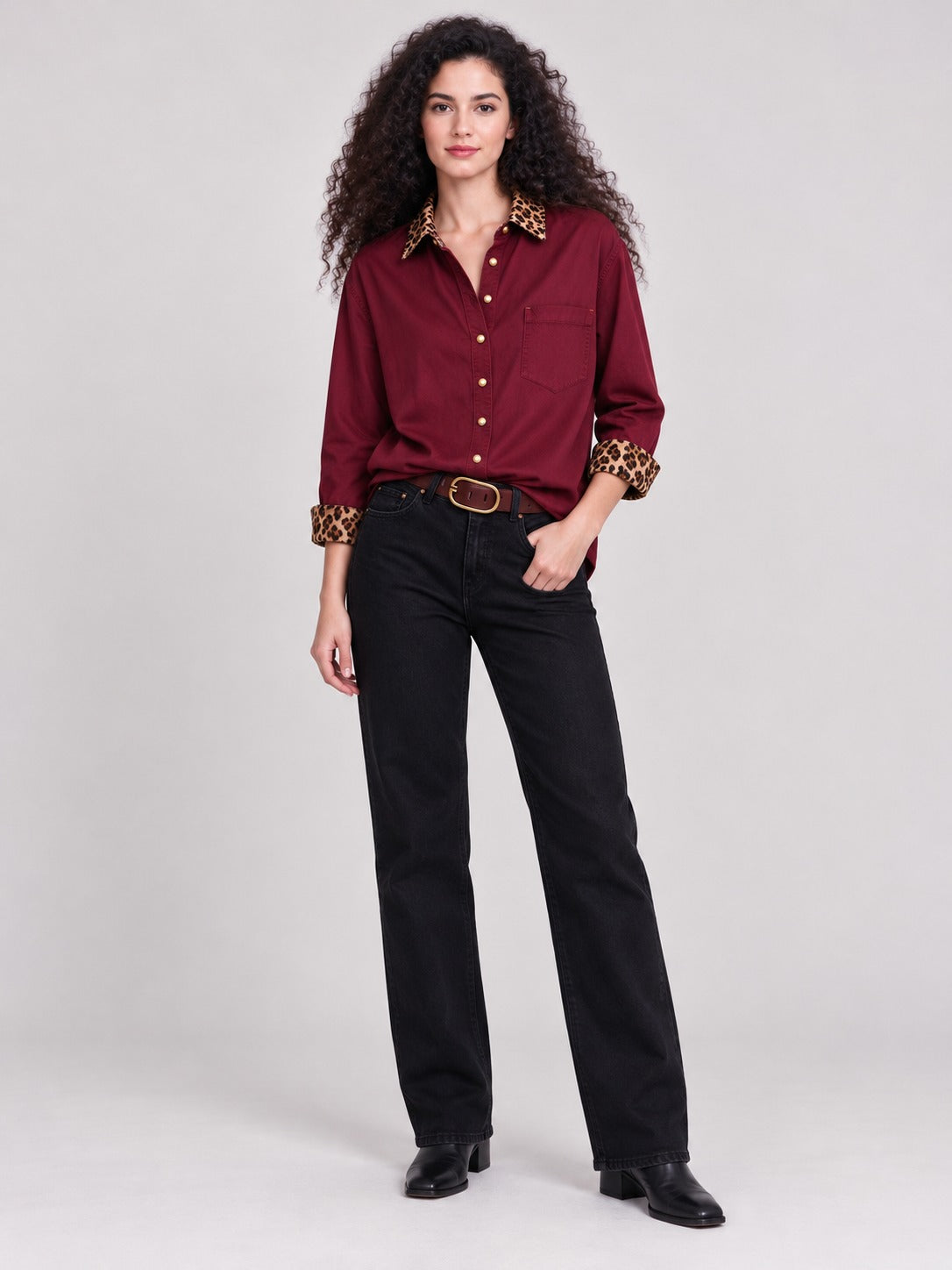 Outlaw Leopard Accent Long Sleeve Denim Shirt