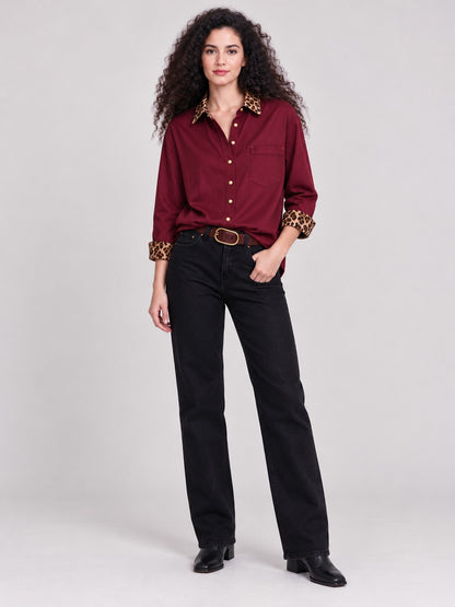 Outlaw Leopard Accent Long Sleeve Denim Shirt