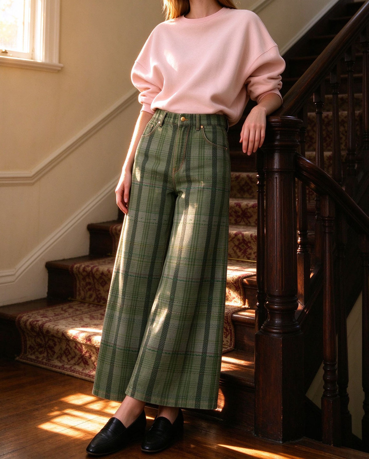Prairie Sage Plaid Wide-Leg Jeans