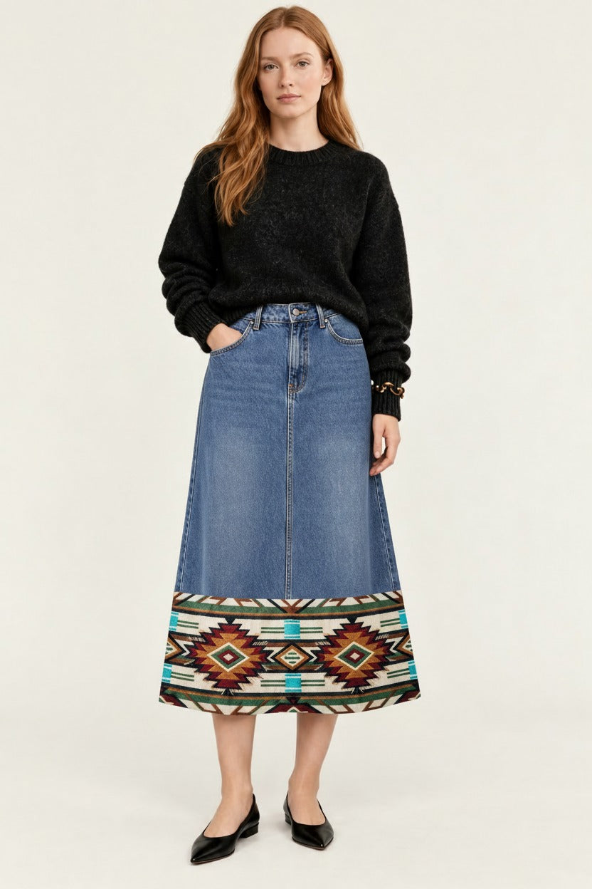 Golden Serpent Ankle-Length Denim Skirt