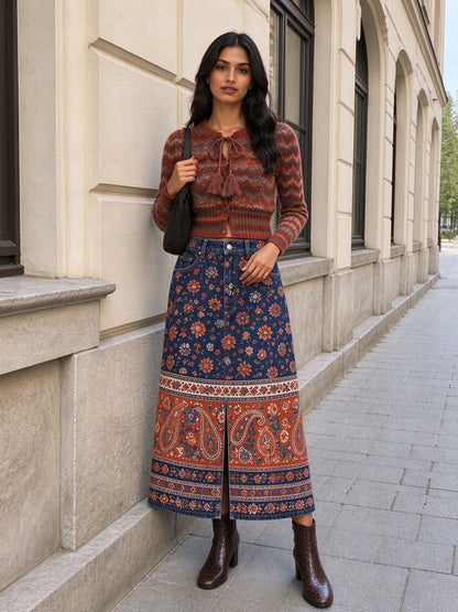 Frontier Bandana Bloom Denim Midi Skirt