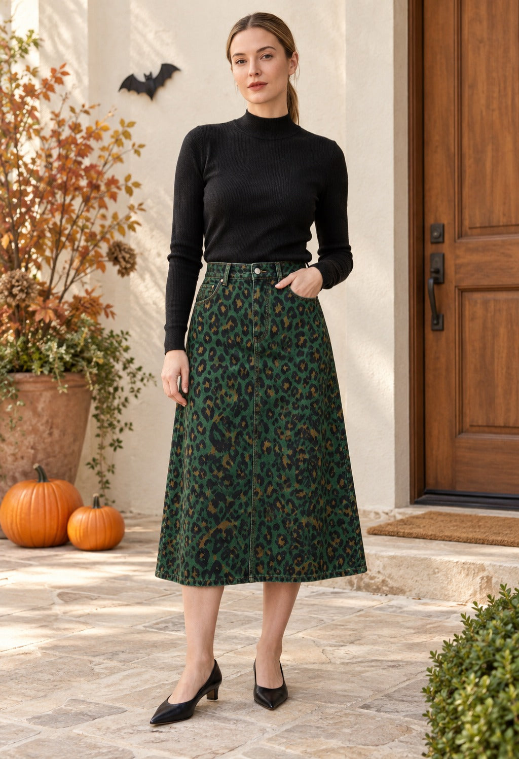 Desert Leopard Ankle-Length Denim Skirt