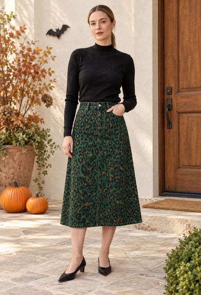 Desert Leopard Ankle-Length Denim Skirt